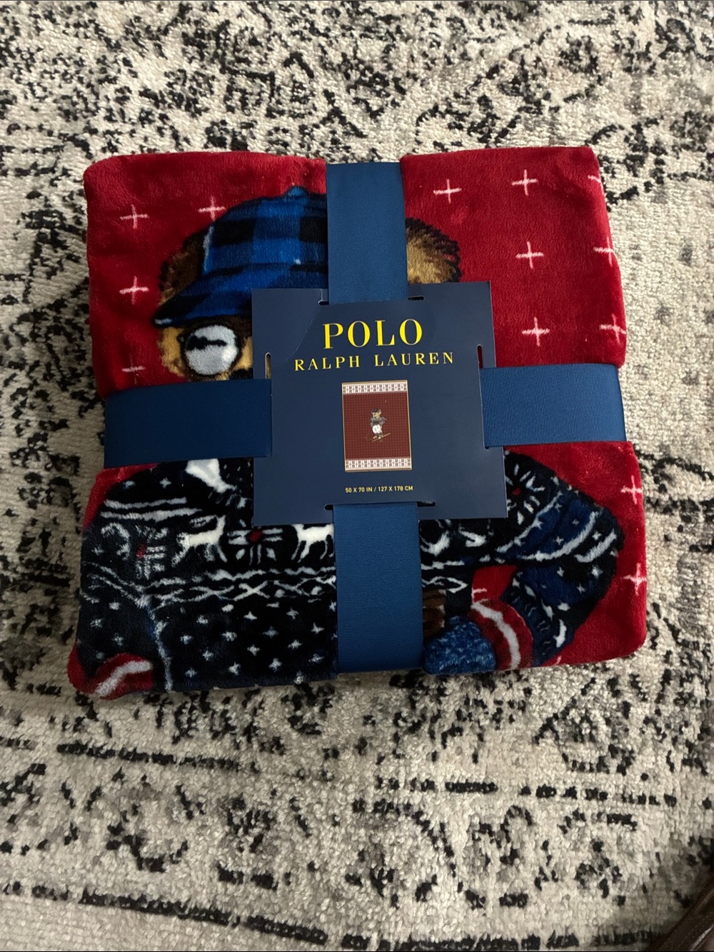 Polo by Ralph Lauren Red, Navy & White Bear Print Throw Blanket